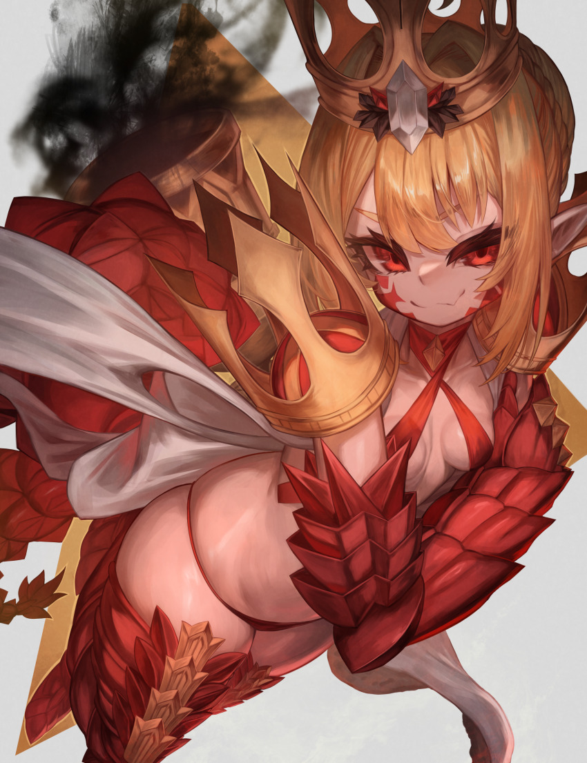 1girl bare_shoulders bikini blonde_hair breasts criss-cross_halter crown dragon_tail dress facial_mark fate/grand_order fate_(series) halterneck highres looking_at_viewer m0_chi nero_claudius_(fate) queen_draco_(fate) queen_draco_(second_ascension)_(fate) red_bikini red_eyes small_breasts smile solo swimsuit tail