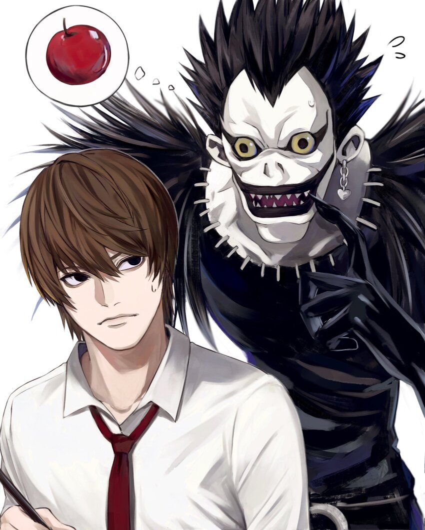 2boys apple black_eyes black_hair brown_hair closed_mouth collared_shirt colored_skin death_note earrings flying_sweatdrops food fruit highres holding jewelry male_focus multiple_boys necktie open_mouth red_necktie ryuk sharp_teeth shinigami shirt simple_background speech_bubble sweatdrop teeth thought_bubble uno_0a white_background white_shirt white_skin yagami_light yellow_eyes