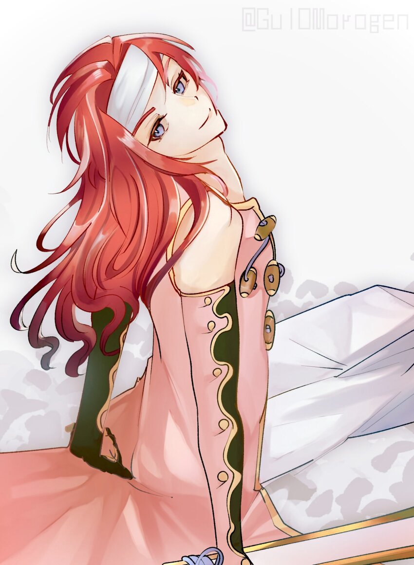 1boy androgynous blue_eyes closed_mouth commentary_request detached_sleeves gu10morogen head_tilt headband highres holding holding_sword holding_weapon long_hair looking_at_viewer male_focus pants red_hair sitting smile solo sword tales_of_(series) tales_of_symphonia weapon white_background white_headband white_pants zelos_wilder