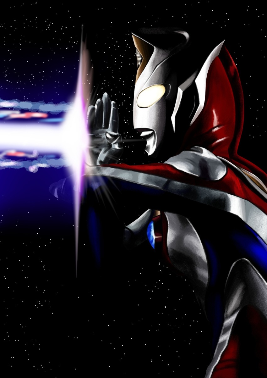 1boy 4ze_meteor absurdres alien armor black_sky blue_skin breastplate color_timer colored_skin commentary compound_eyes cowboy_shot crystal dorsal_fin energy forehead_jewel from_side glowing glowing_eyes hands_up highres looking_ahead male_focus multicolored_skin pectorals red_skin silver_skin silver_trim sky solo space star_(sky) starry_sky starry_sky_background tokusatsu toned toned_male ultra_beam ultra_series ultraman_dyna ultraman_dyna_(flash_type) ultraman_dyna_(series) white_eyes wrinkled_skin