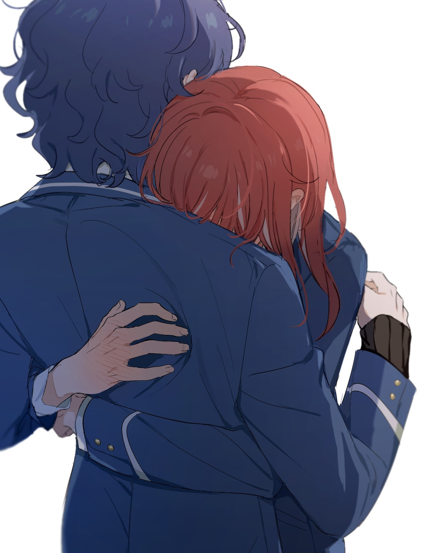 2boys aoba_tsumugi blue_hair blue_jacket dark_blue_hair ensemble_stars! from_behind hand_blush hand_up head_on_another&#039;s_shoulder height_difference highres hug implied_yaoi jacket long_sleeves male_focus multiple_boys red_hair sakasaki_natsume school_uniform simple_background sketch tsmkwa upper_body white_background yumenosaki_school_uniform