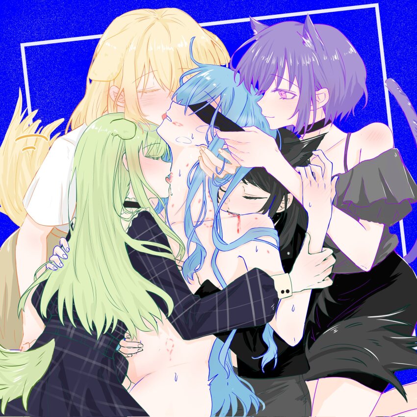 5girls animal_ears anshashuw ave_mujica_(bang_dream!) bang_dream! bang_dream!_it&#039;s_mygo!!!!! bare_shoulders bite_mark bite_mark_on_face bite_mark_on_neck bite_mark_on_shoulder bite_mark_on_stomach biting_shoulder black_choker black_hair black_jacket black_skirt blindfold blonde_hair blue_background blue_dress blue_hair blush breath cat_ears cat_girl cat_tail choker closed_eyes closed_mouth commentary_request dog_ears dog_girl dog_tail dress fingering frilled_choker frills grabbing_another&#039;s_breast grabbing_from_behind green_hair grey_shirt grey_skirt groping group_sex hand_on_another&#039;s_waist harem highres holding_another&#039;s_wrist jacket kemonomimi_mode licking licking_another&#039;s_face licking_another&#039;s_lips long_hair long_sleeves misumi_uika multiple_girls off-shoulder_shirt off_shoulder pink_eyes plaid_clothes plaid_dress purple_hair shirt short_hair short_sleeves skirt smile sweat tail togawa_sakiko wakaba_mutsumi white_shirt wolf_ears wolf_girl wolf_tail yahata_umiri yellow_skirt yuri yuutenji_nyamu