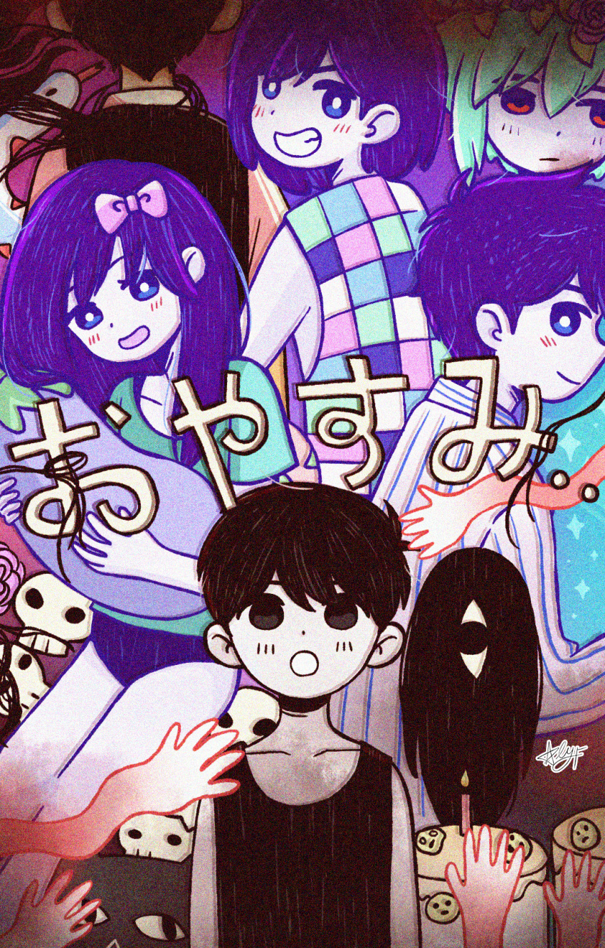 1girl 5boys :d :o animal aqua_shirt aubrey_(headspace)_(omori) aubrey_(omori) bare_shoulders basil_(headspace)_(omori) basil_(omori) black_cat black_hair black_panties black_sweater_vest black_tank_top bow bright_pupils cake candle cat checkered_clothes checkered_shirt closed_mouth collared_shirt colored_skin commentary cowboy_shot dual_persona empty_eyes english_commentary film_grain flower food green_hair grin hair_behind_ear hair_between_eyes hair_bow hatching_(texture) hero_(headspace)_(omori) hero_(omori) highres holding holding_stuffed_toy kel_(headspace)_(omori) kel_(omori) leaf long_hair long_sleeves looking_at_viewer mewo mr._plantegg_(omori) multiple_boys no_pupils official_alternate_eye_color omocat_(style) omori omori_(omori) open_mouth panties pink_bow pink_flower pink_rose profile purple_background purple_eyes purple_hair red_background red_eyes rose shirt short_hair short_sleeves signature simple_background skull sleeveless sleeveless_shirt smile snake_(omori) something_(omori) sparkle spoilers standing star_(symbol) starlyfnnctn striped_clothes striped_shirt stuffed_eggplant stuffed_toy sunny_(omori) sweater_vest tank_top underwear upper_body vertical-striped_clothes vertical-striped_shirt very_short_hair vignetting white_pupils white_shirt white_skin