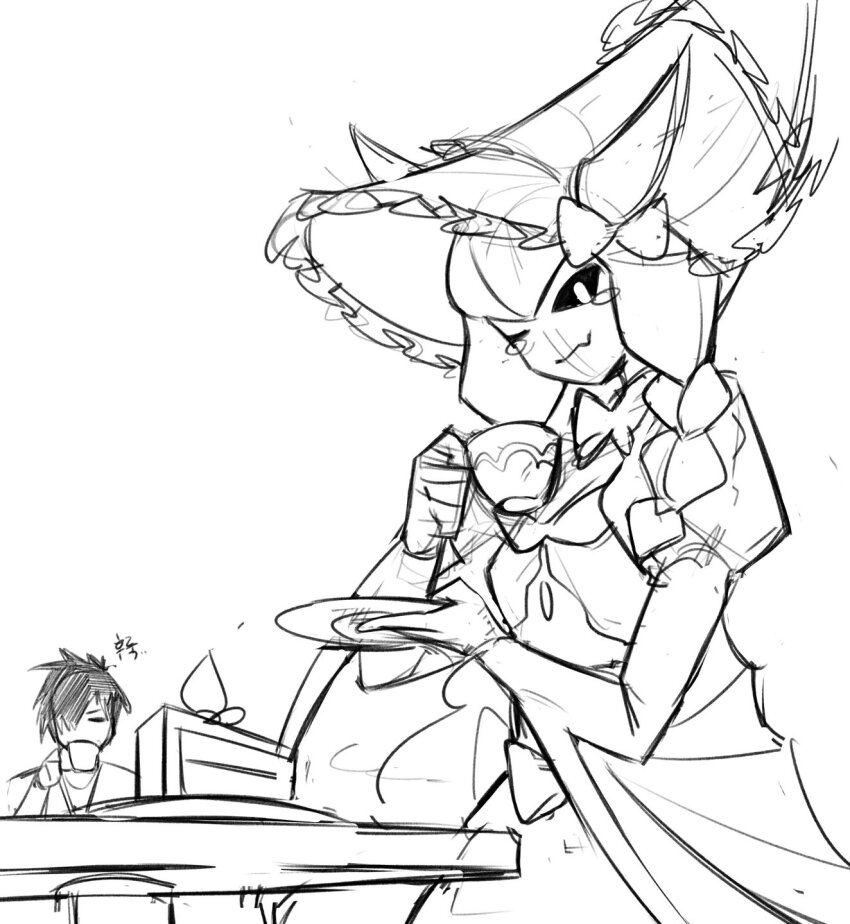 10_09hwan 1boy 1girl black_sclera cake closed_eyes colored_sclera cup digimon digimon_(creature) food hat highres holding holding_cup horns lamia lamiamon long_hair looking_at_viewer monochrome monster_girl one_eye_closed owen_dreadnought ribbon sketch tea