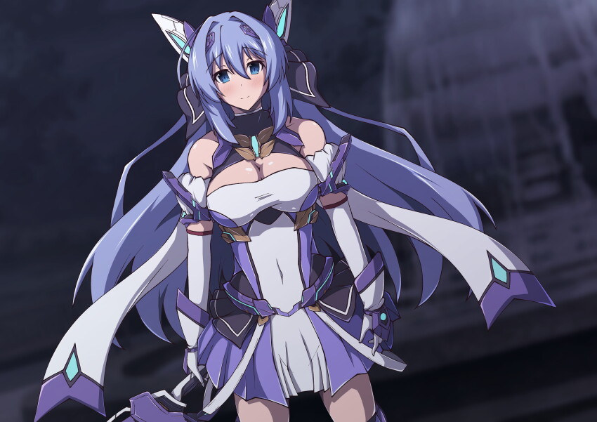 1girl absurdres aoi_tabane bare_shoulders black_bow blue_eyes blue_hair blurry blurry_background blush bow breasts cleavage cleavage_cutout closed_mouth clothing_cutout covered_navel cowboy_shot detached_sleeves dress elbow_gloves exs-tia exs-tia_(kouyoku_senki_exs-tia_3) gloves hair_between_eyes hair_intakes headgear highres holding holding_sword holding_weapon katsuragi_marina kouyoku_senki_exs-tia large_breasts long_hair looking_at_viewer magical_girl purple_dress short_dress smile solo standing sword thighhighs very_long_hair weapon white_dress white_gloves