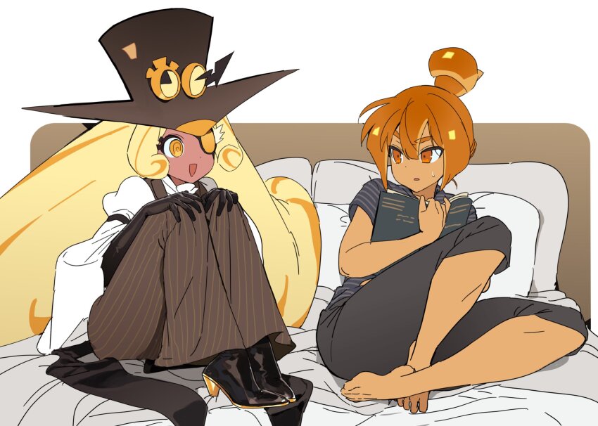2girls :d @_@ barefoot bed black_boots black_gloves black_hat black_leggings black_shirt blonde_hair book boots brown_pants brown_vest colored_shoe_soles cookie_run cookie_run:_ovenbreak croissant_cookie dark-skinned_female dark_skin double-parted_bangs dual_persona elbow_gloves eye_contact eyepatch face-to-face feet food-themed_hair gloves goggles goggles_on_headwear hair_between_eyes hair_bun hands_on_own_knees hat high_heel_boots high_heels highres holding holding_book humanization knee_up knees_apart_feet_together knees_up leggings long_hair looking_at_another multicolored_hair multiple_girls ohta_guk_hip on_bed one_eye_covered open_book open_mouth orange_eyes orange_hair pants parted_lips pillow pinstripe_pants pinstripe_pattern shiny_footwear shirt short_hair short_sleeves simple_background single_hair_bun sitting smile streaked_hair striped_clothes striped_shirt sweatdrop three-quarter_sleeves timekeeper_cookie top_hat two-tone_hair very_long_hair vest white_background white_shirt yokozuwari