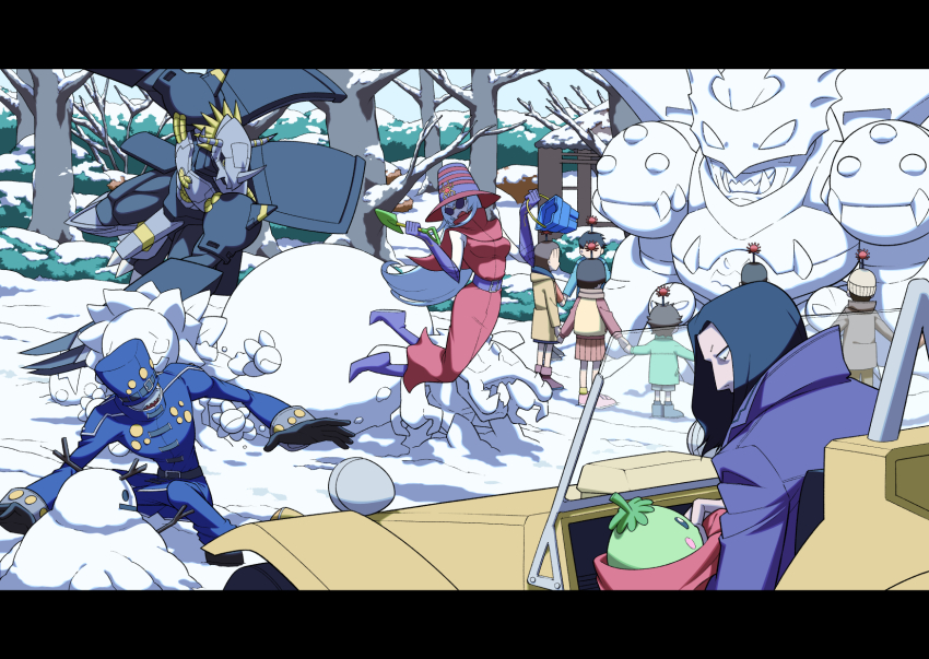 archnemon belialvamdemon belt blackwargreymon blossomon blue_hair digimon digimon_(creature) glasses hat highres kuwagamon long_hair mummymon oikawa_yukio pipimon snow snowman yellow_eyes