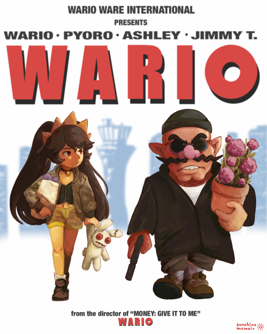 1boy 1girl ashley_(warioware) beanie black_hair character_name choker cosplay drawfag facial_hair garlic gun handgun hat highres jacket leon_(leon_the_professional) leon_(leon_the_professional)_(cosplay) leon_the_professional long_hair looking_at_another mathilda_lando mathilda_lando_(cosplay) movie_poster mustache nintendo parody pistol plant potted_plant red_eyes shorts stuffed_animal stuffed_rabbit stuffed_toy sunglasses twintails wario warioware weapon