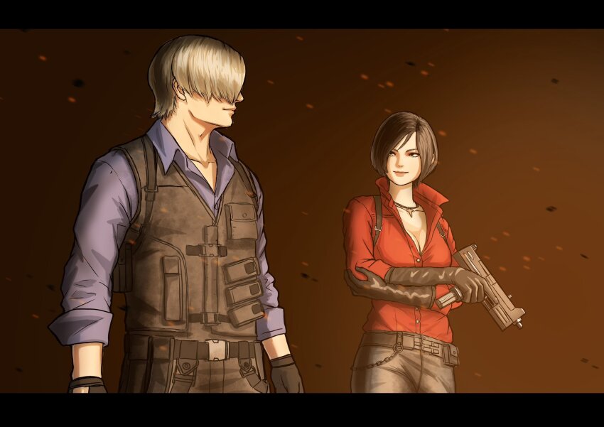 1boy 1girl ada_wong black_eyes black_gloves black_hair blonde_hair blue_shirt breasts bulletproof_vest cleavage collarbone collared_shirt crossed_arms embers gloves gun hand_on_own_elbow highres holding holding_gun holding_weapon jewelry leon_s._kennedy letterboxed medium_breasts necklace red_shirt resident_evil resident_evil_6 shirt smile submachine_gun sumakun trigger_discipline weapon