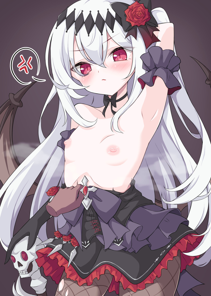 1boy 1girl anger_vein angry arm_up armpits bare_shoulders bat_wings black_bow black_bowtie black_dress black_gloves blush borrowed_character bow bowtie breasts breasts_out closed_mouth clothes_down clothes_pull collarbone dress dress_down dress_pull fishnet_pantyhose fishnets flower frilled_dress frills gloves hair_flower hair_ornament highres long_hair looking_at_viewer mare_(ac8231) mochizuki_hull naked_bowtie nipples original pantyhose red_eyes red_flower red_rose rose simple_background small_breasts solo_focus spoken_anger_vein topless_female tsurime white_hair wings