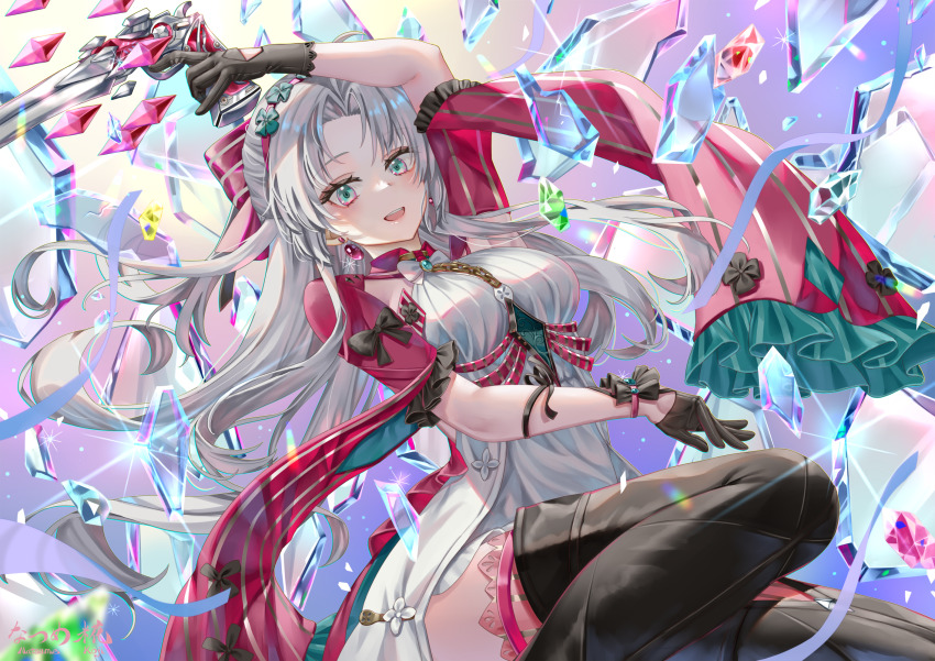 1girl aqua_eyes arm_up artist_logo black_boots black_gloves boots bow breasts broken_glass carlotta_(wuthering_waves) commentary_request dress earrings glass gloves gun hair_bow hair_spread_out hairband highres holding holding_gun holding_weapon jacket jewelry logo looking_at_viewer making-of_available medium_breasts natsume_koji open_mouth parted_bangs partial_commentary pink_bow pink_hairband pink_jacket pink_thighhighs signature smile solo striped_bow teeth thigh_boots thighhighs thighhighs_under_boots upper_teeth_only weapon white_dress white_hair wuthering_waves