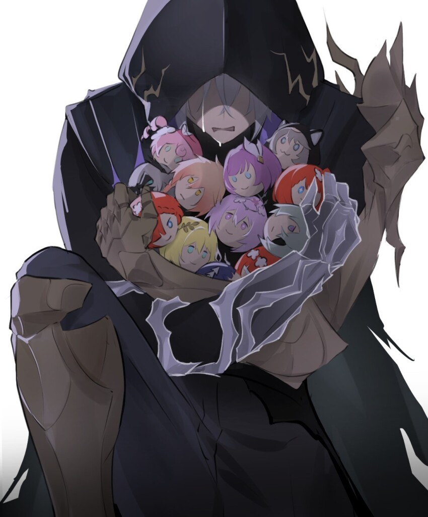 1boy aglaea_(honkai:_star_rail) anaxa_(honkai:_star_rail) black_hood black_pants castorice_(honkai:_star_rail) character_doll chrysos_heirs_(honkai:_star_rail) cipher_(honkai:_star_rail) commentary crying cyrene_(honkai:_star_rail) doll flame_reaver_of_the_deepest_dark gauntlets highres holding holding_doll honkai:_star_rail honkai_(series) hyacine_(honkai:_star_rail) male_focus mydei_(honkai:_star_rail) pants phainon_(honkai:_star_rail) phdeii solo streaming_tears symbol-only_commentary tears trianne_(honkai:_star_rail) tribbie_(honkai:_star_rail) trinnon_(honkai:_star_rail) white_background white_hair