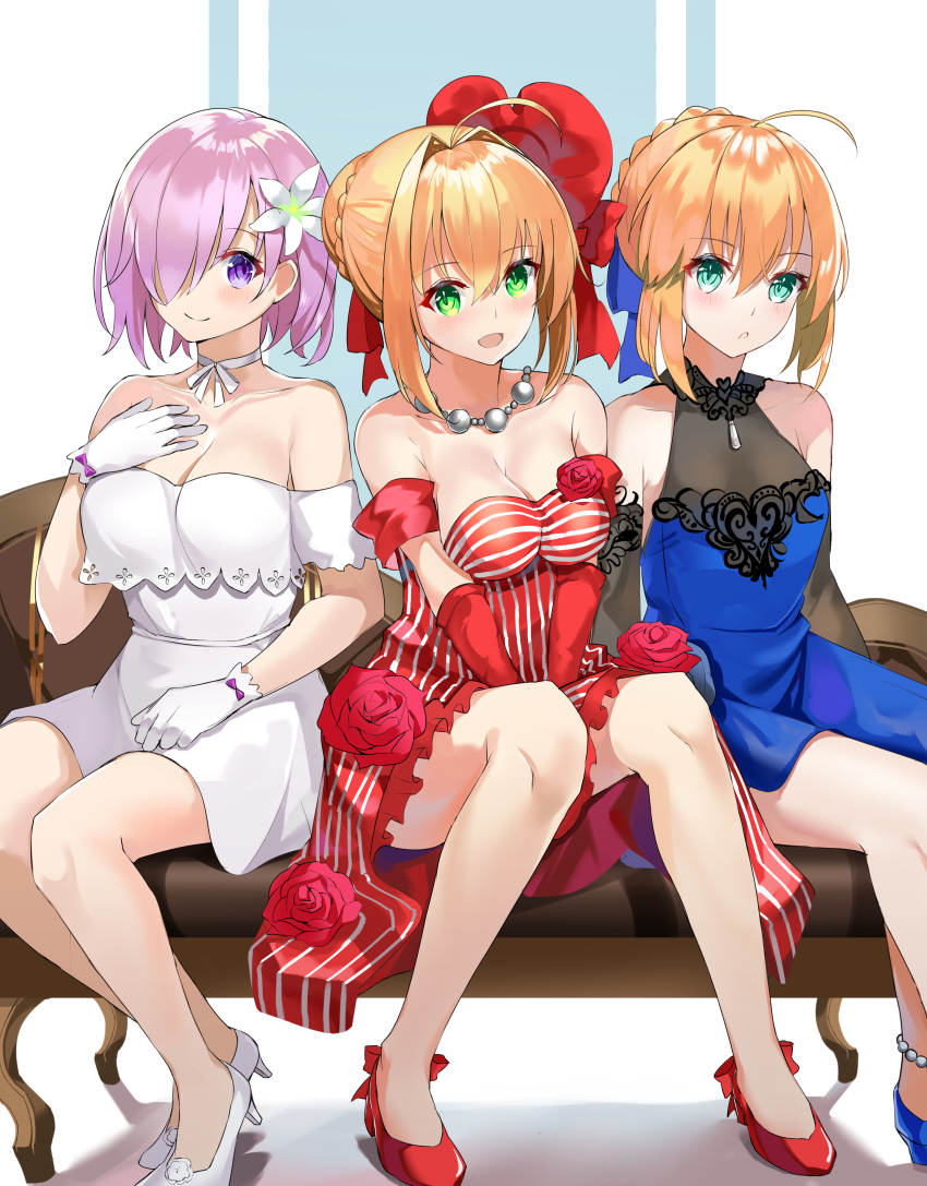 3girls absurdres ahoge aqua_eyes artoria_pendragon_(fate) bad_id bad_pixiv_id bare_shoulders blonde_hair blue_dress blush braid breasts cleavage couch dress fate/extra fate/grand_order fate/stay_night fate_(series) french_braid green_eyes hair_between_eyes hair_over_one_eye high_heels highres large_breasts light_purple_hair long_hair looking_at_viewer mash_kyrielight mash_kyrielight_(formal_dress) multiple_girls nero_claudius_(fate) nero_claudius_(fate/extra) nero_claudius_(idol_emperor)_(fate) official_alternate_costume purple_eyes red_dress saber_(fate) saber_(lapis_lazuli_dress)_(fate) see-through_cleavage see-through_clothes short_hair sitting small_breasts smile tsukise_miwa white_dress