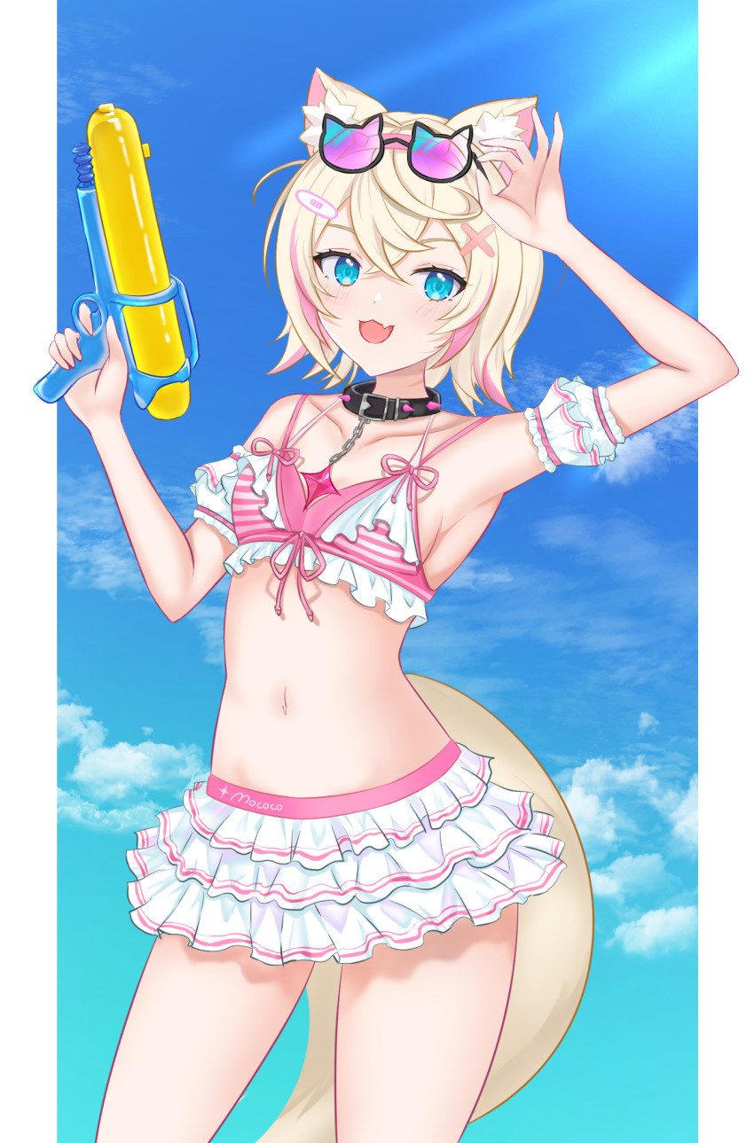 1girl animal_ear_fluff animal_ears arlonn arm_up armpits bandaid bandaid_hair_ornament bikini black_choker blonde_hair blue_eyes blue_sky blush breasts choker collarbone dog_ears dog_girl dog_tail eyewear_on_head frilled_bikini frills front-tie_bikini_top front-tie_top hair_between_eyes hair_ornament highres holding holding_water_gun hololive hololive_english looking_at_viewer medium_breasts mococo_abyssgard multiple_girls navel open_mouth pink_bikini short_hair sky smile solo stomach striped_bikini striped_clothes sunglasses swim_ring swimsuit tail thighs virtual_youtuber water_gun x_hair_ornament