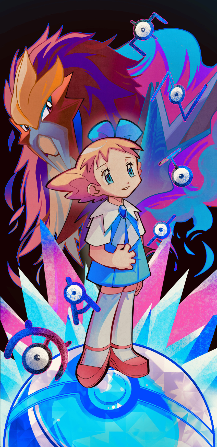 1girl absurdres aqua_eyes blonde_hair blue_skirt clutching_clothes commentary_request entei eyelashes gen_2_pokemon hair_ribbon highres legendary_pokemon long_hair looking_up molly_hale nintendo parted_lips pink_shoes pleated_skirt pokemon pokemon_(anime) pokemon_(classic_anime) pokemon_(creature) pokemon_3:_the_movie_-_spell_of_the_unown:_entei ribbon shoes short_sleeves skirt smile standing thighhighs umineko_skyblue unown white_thighhighs