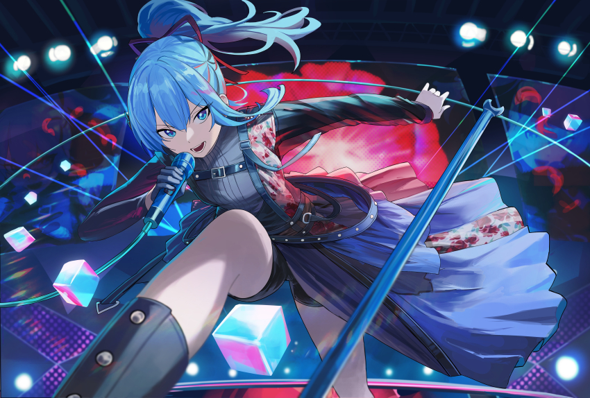 1girl absurdres belt black_belt black_gloves black_shirt black_shorts black_skirt blue_eyes blue_hair floating_hair gloves highres holding holding_microphone hololive hoshimachi_suisei hoshimachi_suisei_(shout_in_crisis) looking_at_viewer microphone microphone_stand music official_alternate_costume open_mouth shirt shorts singing single_glove skirt solo virtual_youtuber zaq_(zaqsta)