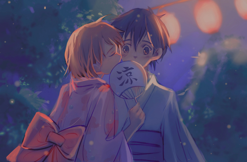 1boy 1girl artist_request ash_ketchum black_hair blush closed_eyes creatures_(company) fan game_freak gen_1_pokemon gym_leader hair_between_eyes happy hetero highres japanese_clothes kimono kiss misty_(pokemon) nintendo orange_hair pikachu pokemon pokemon_(anime) pokemon_(classic_anime) pokemon_ep020 red_hair revision robe short_hair source_request