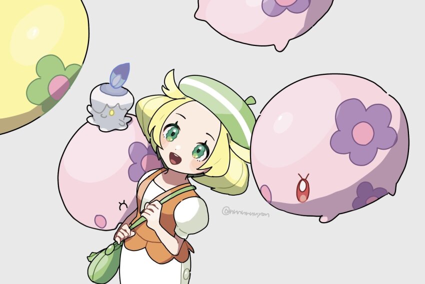1girl :d ^_^ alternate_color bag bianca_(pokemon) blonde_hair blue_fire closed_eyes dress eneko_(olavcnkrpucl16a) eyelashes fire gen_5_pokemon green_bag green_eyes green_hat grey_background hat holding_strap litwick looking_up munna nintendo open_mouth orange_vest pokemon pokemon_(creature) pokemon_bw shiny_pokemon short_hair short_sleeves shoulder_bag smile teeth twitter_username upper_teeth_only vest white_dress