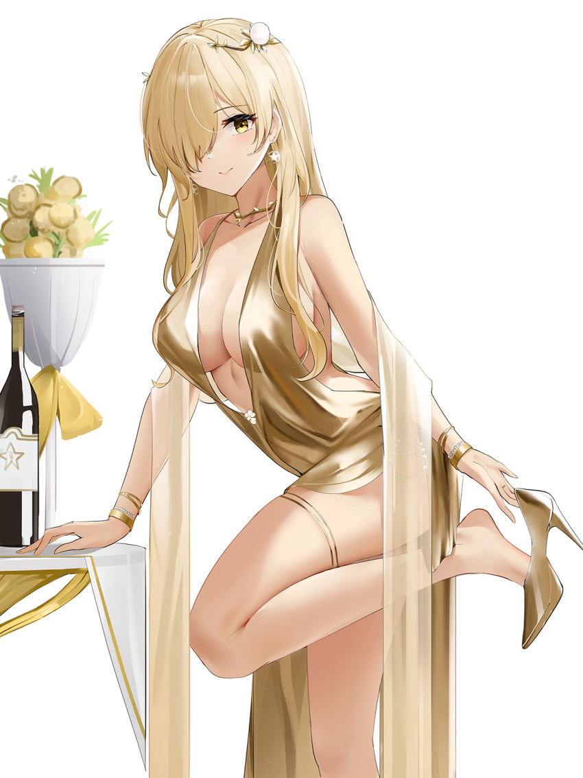 1girl arm_support azur_lane backless_outfit bare_shoulders blonde_hair bottle bracelet breasts center_opening closed_mouth dress earrings evening_gown glint gold_dress gold_footwear hair_over_one_eye high_heels highres jewelry large_breasts leg_up looking_at_viewer necklace nevada_(a_magnificent_banquet)_(azur_lane) nevada_(azur_lane) official_alternate_costume one_eye_covered pelvic_curtain plant potted_plant qing_wu removing_shoes revealing_clothes see-through_clothes sideboob simple_background sleeveless sleeveless_dress solo standing standing_on_one_leg star_(symbol) star_earrings table thigh_strap thighs white_background wine_bottle yellow_eyes