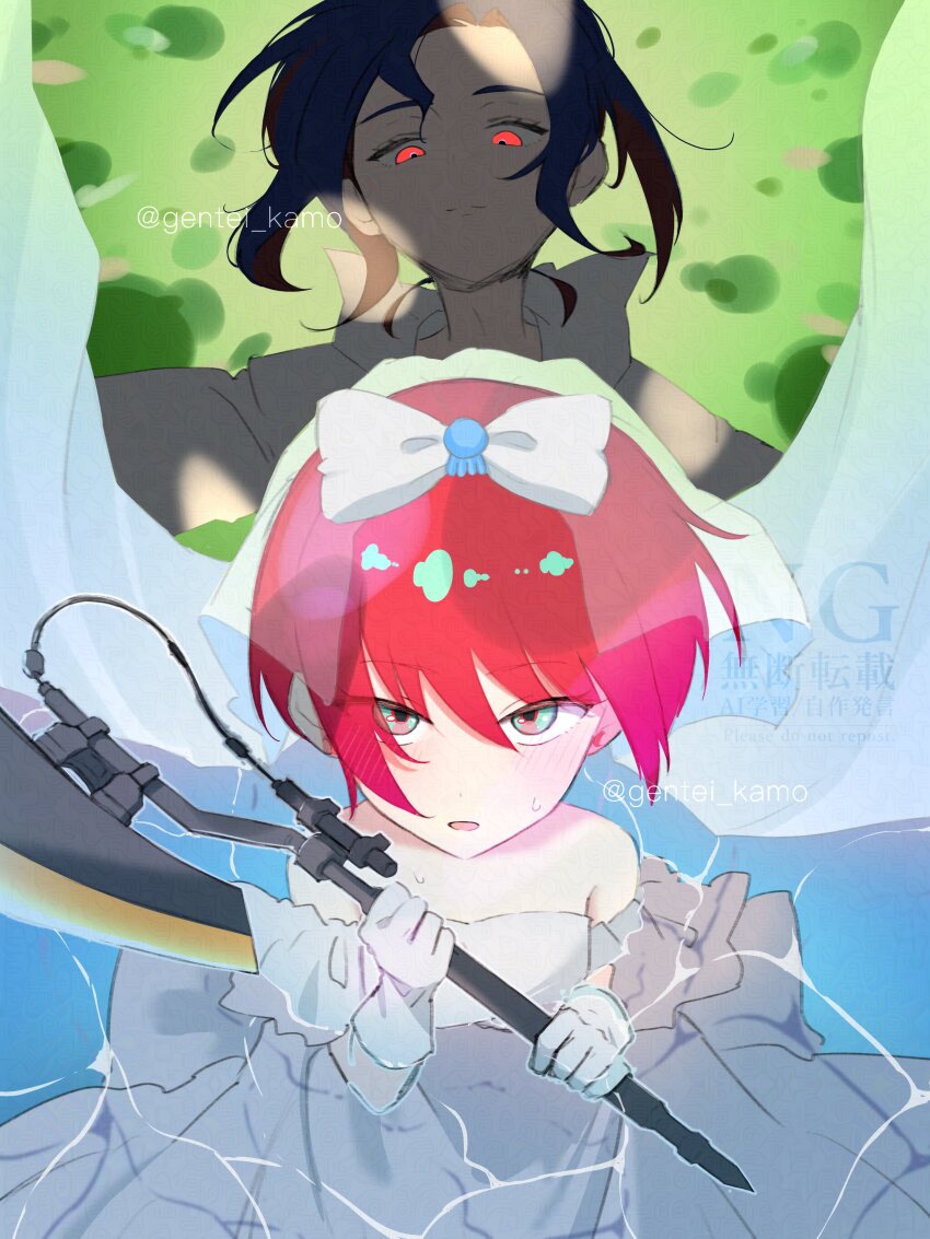 1boy 1girl absurdres amate_yuzuriha aqua_eyes artist_name axe bare_shoulders blue_hair blush breasts bridal_veil bride closed_mouth commentary_request dress english_text frilled_dress frills gentei_kamo gloves gundam gundam_gquuuuuux heat_hawk highres holding holding_axe holding_weapon looking_at_viewer mixed-language_text multicolored_hair open_mouth purple_hair red_eyes red_hair ribbon shirt short_hair shuji_ito smile twitter_username two-tone_hair veil watermark weapon wedding wedding_dress white_dress white_gloves white_shirt