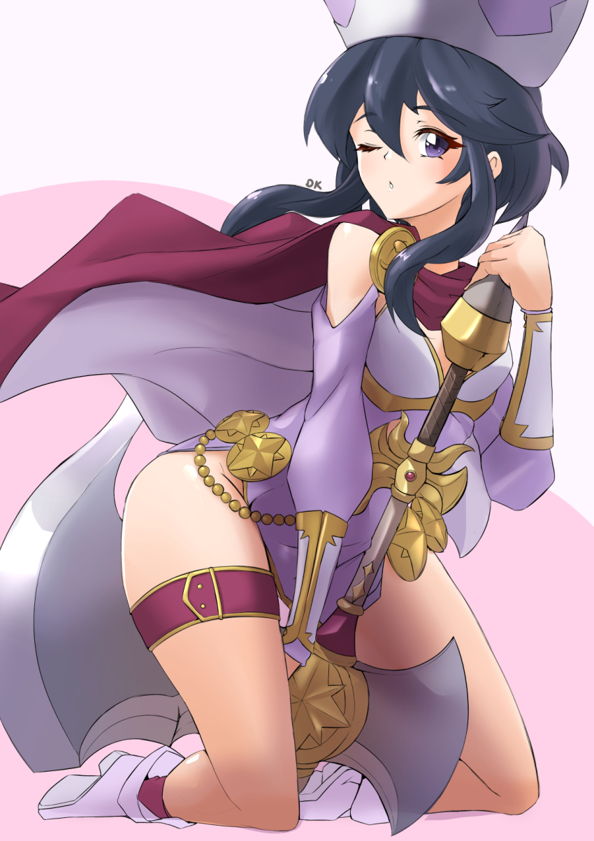 1girl armor axe bare_shoulders belt black_hair boots bracer breastplate cape deekei fire_emblem fire_emblem:_genealogy_of_the_holy_war fire_emblem_heroes hat highres holding holding_axe holding_weapon jewelry kneeling larcei_(fire_emblem) legs looking_at_viewer nintendo official_alternate_costume one_eye_closed pelvic_curtain purple_tunic sidelocks simple_background solo thighlet thighs tunic weapon