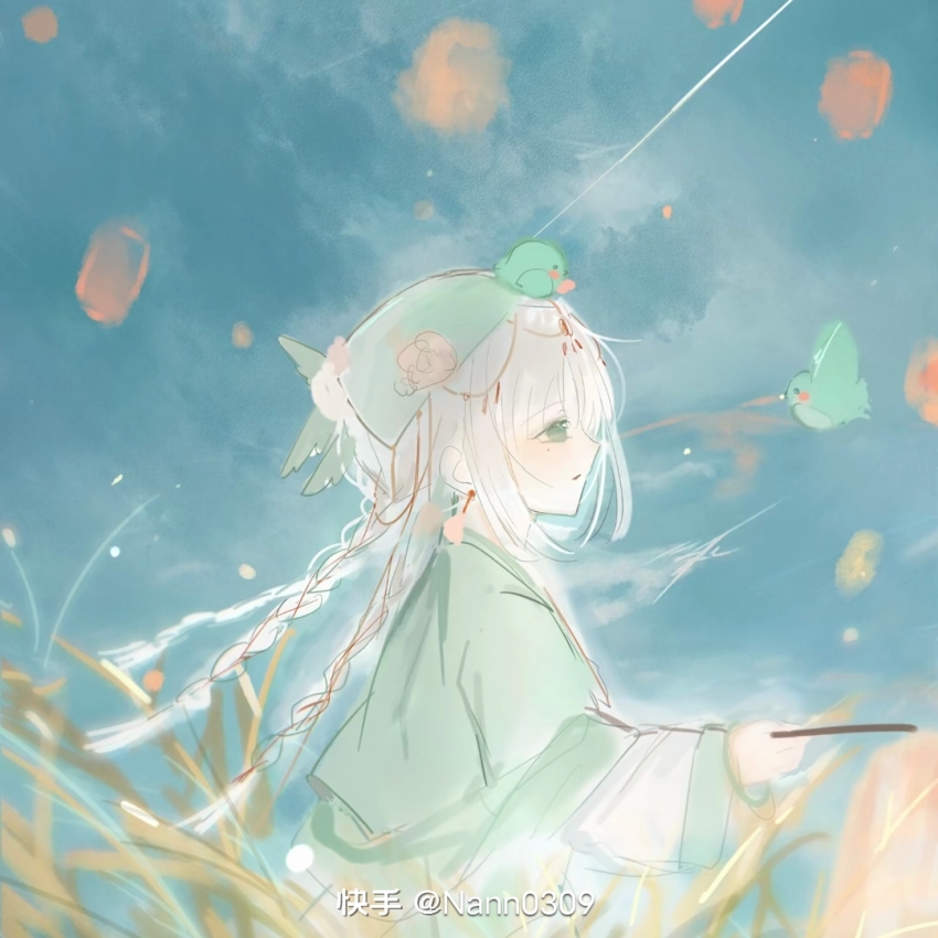 1girl animal animal_on_head artist_name bird bird_on_head blue_sky braid chinese_clothes circlet cloud day flower from_side frown grass green_bird green_eyes green_hanfu green_headscarf hanfu hat hat_flower headscarf holding holding_stick layered_sleeves leaf light_blush light_particles long_hair long_sleeves looking_ahead mole mole_under_eye multiple_braids nann0309 on_head original outdoors parted_lips pink_flower pink_rose rose short_over_long_sleeves short_sleeves sky solo stick third-party_source upper_body very_long_hair watermark white_hair