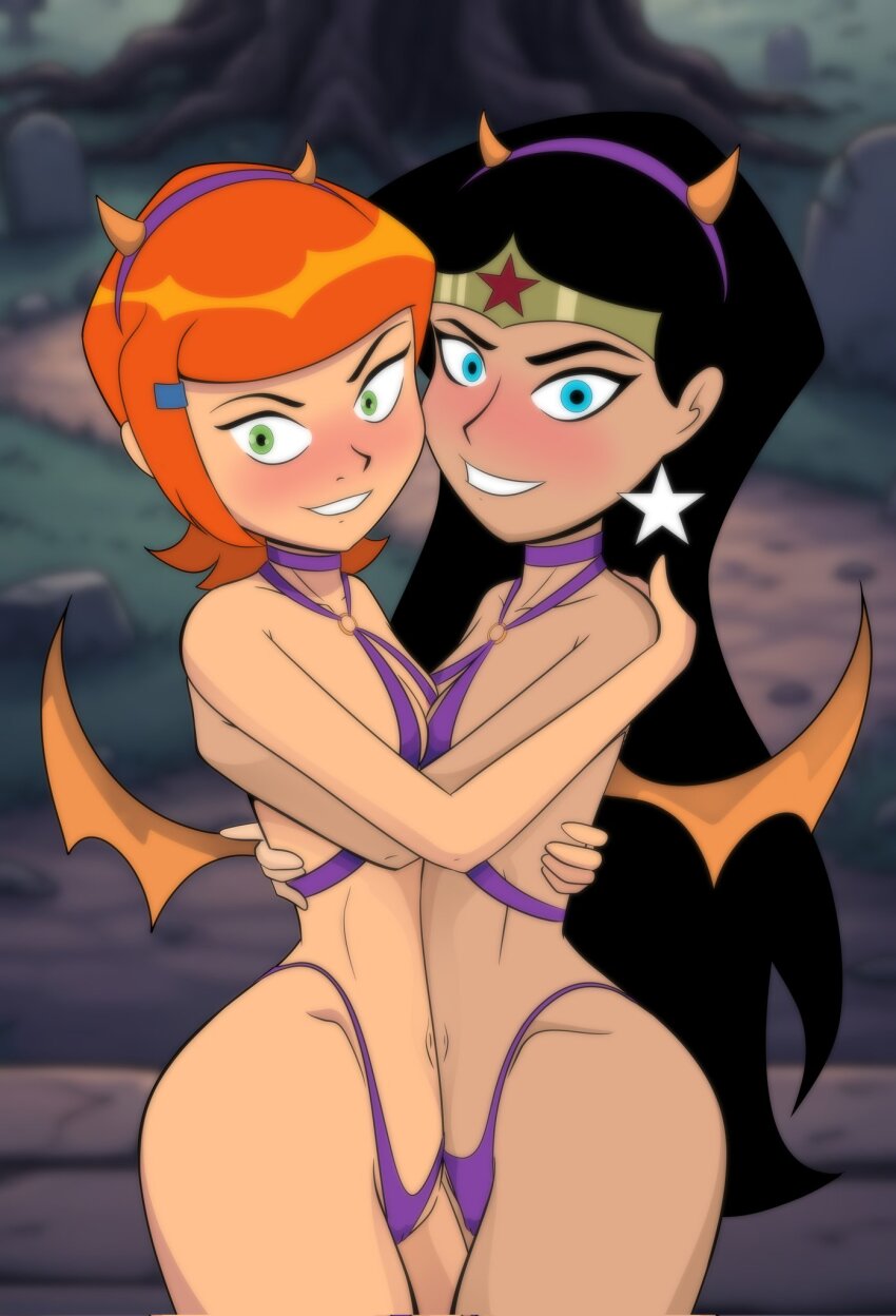 2girls ben_10 black_hair blue_eyes blush cosplay dc_comics demon_girl green_eyes gwen_tennyson hi_valker highres hug justice_league light_smile loli looking_at_viewer multiple_girls orange_hair smile wonder_woman