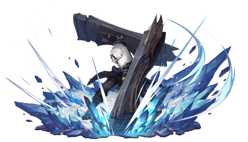 1boy absurdres black_boots black_coat black_pants blue_eyes boots coat eyepatch faux_figurine fold-over_boots full_body fur-trimmed_coat fur_trim grin ground_shatter highres holding holding_shield legs_apart looking_at_viewer male_focus mature_male official_art old old_man pants rampart_(rememento) rememento:_white_shadow shield short_hair smile solo standing transparent_background white_hair