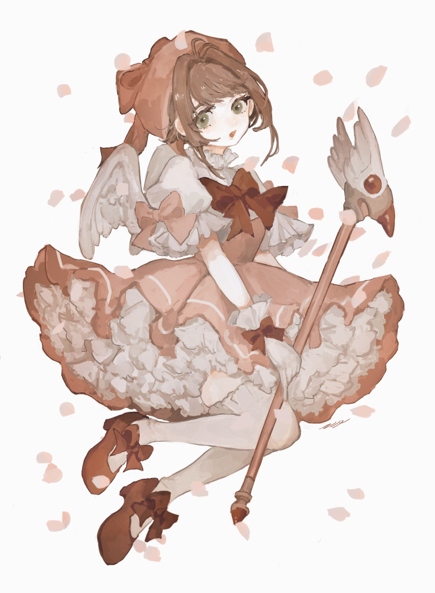 1girl 553773 absurdres bad_id bad_pixiv_id bow brown_hair cardcaptor_sakura child clamp_(circle)_(style) dress floating full_body gloves green_eyes highres kinomoto_sakura kinomoto_sakura_(magician) magical_girl open_mouth pink_bow pink_dress pink_headwear red_bow red_footwear solo white_background white_gloves wings