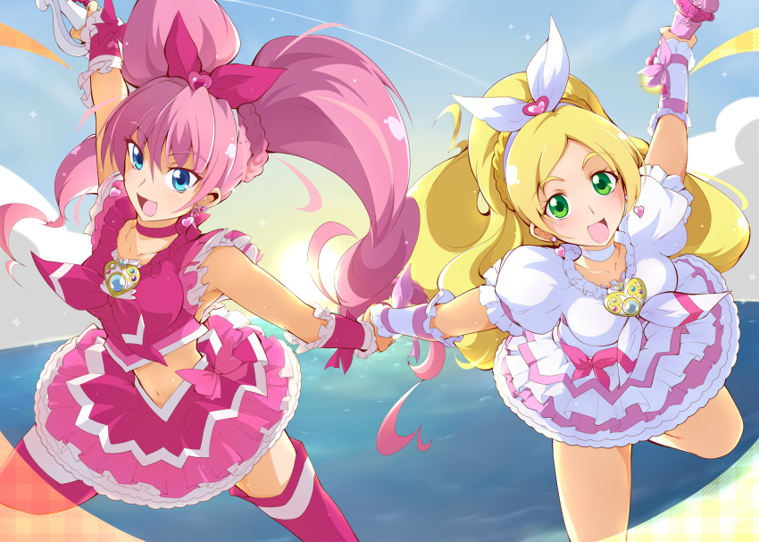 10s 2girls ashita_wa_hitsuji blonde_hair blue_eyes bow braid choker cloud cure_melody cure_rhythm day dress earrings eyelashes flying frilled_dress frilled_shirt frilled_skirt frills green_eyes hair_ornament hair_ribbon happy highres houjou_hibiki jewelry long_hair looking_at_viewer magical_girl midriff minamino_kanade multiple_girls navel ocean open_mouth pink_bow pink_hair pink_legwear pink_shirt pink_skirt precure ribbon shirt single_braid skirt sky smile suite_precure sun thighhighs thighs white_choker white_dress wrist_cuffs