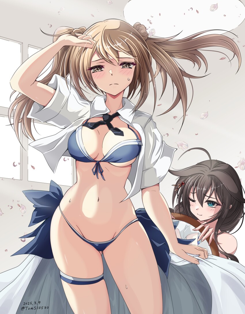 2girls absurdres bikini black_hair blue_bikini blue_eyes braid breasts brown_eyes brown_hair cosplay double_bun front-tie_bikini_top front-tie_top hair_bun hair_flaps hair_ornament hair_over_shoulder highres kantai_collection large_breasts michishio_(kancolle) multiple_girls navel one_eye_closed shigure_(kancolle) shigure_(kancolle)_(cosplay) shigure_kai_san_(kancolle) shigure_kai_san_(kancolle)_(cosplay) shigure_kai_san_(swimsuit)_(kancolle) side-tie_bikini_bottom single_braid swimsuit thigh_strap toms twintails