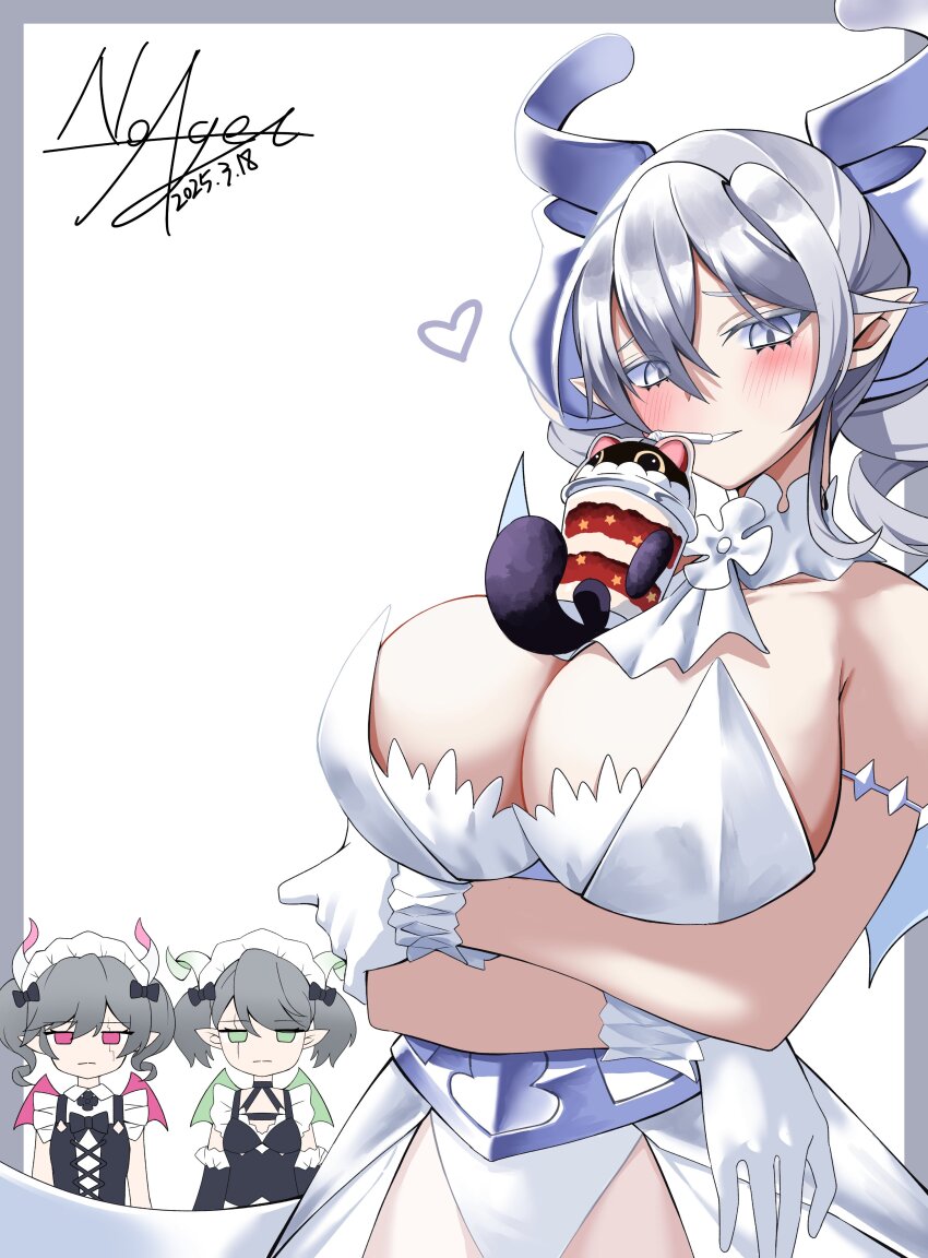 3girls absurdres arianna_the_labrynth_servant arianne_the_labrynth_servant arms_under_breasts bare_shoulders breasts bubble_tea_challenge cleavage cowboy_shot cup cupsie_yummy dated demon_girl demon_horns demon_wings dress drill_hair drinking_straw drinking_straw_in_mouth duel_monster gloves grey_eyes grey_hair heart highres horns large_breasts leotard long_hair lovely_labrynth_of_the_silver_castle low_wings multiple_girls multiple_wings noagen pointy_ears signature simple_background solo_focus strapless strapless_dress twin_drills white_background white_dress white_gloves white_leotard white_wings wings yu-gi-oh!