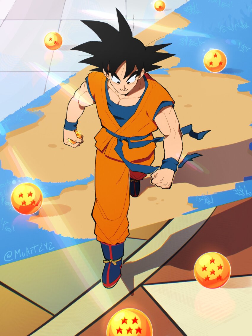 1boy absurdres ankle_boots arched_bangs arena arms_at_sides biceps black_eyes black_hair black_outline blue_boots blurry bokeh boots brick_floor choppy_bangs clenched_hands closed_mouth commentary day depth_of_field dougi dragon_ball dragon_ball_(classic) dragon_ball_(object) dragon_ball_super dragonball_z english_commentary evolution facing_ahead fingernails from_above full_body grass happy hashtag-only_commentary highres holding holding_dragon_ball lens_flare light_rays male_focus martial_arts_belt muart242 multicolored_boots muscular muscular_male namek on_ground orange_dougi orange_pants outdoors outline pants parted_bangs pectorals progression reflection reflective_floor rope shadow short_sleeves sidelighting smile soil son_goku spiked_hair split_theme standing stone_floor striped_clothes striped_footwear subsurface_scattering sunlight tareme tile_floor tiles twitter_username two-tone_boots undershirt vertical-striped_footwear walking wristband