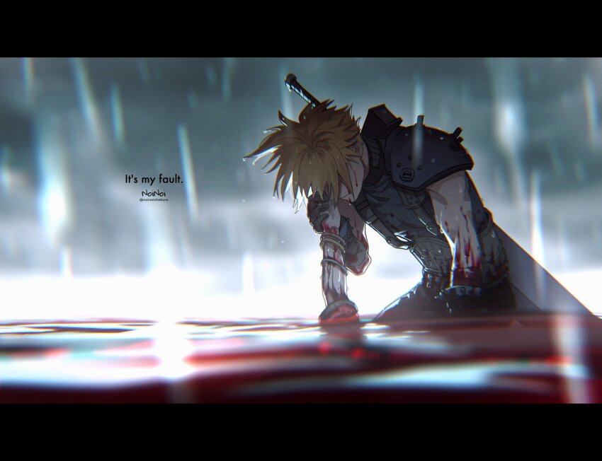 1boy 1girl aerith_gainsborough armor artist_name bangle blonde_hair blood blood_in_water blood_on_arm blood_on_clothes bracelet buster_sword cloud_strife english_text final_fantasy final_fantasy_vii final_fantasy_vii_rebirth final_fantasy_vii_remake hair_over_eyes hand_on_another&#039;s_cheek hand_on_another&#039;s_face highres holding_hands jacket jewelry lake noah_(rokoroko) partially_submerged rain red_jacket short_hair shoulder_armor single_shoulder_pad spiked_hair water weapon weapon_on_back