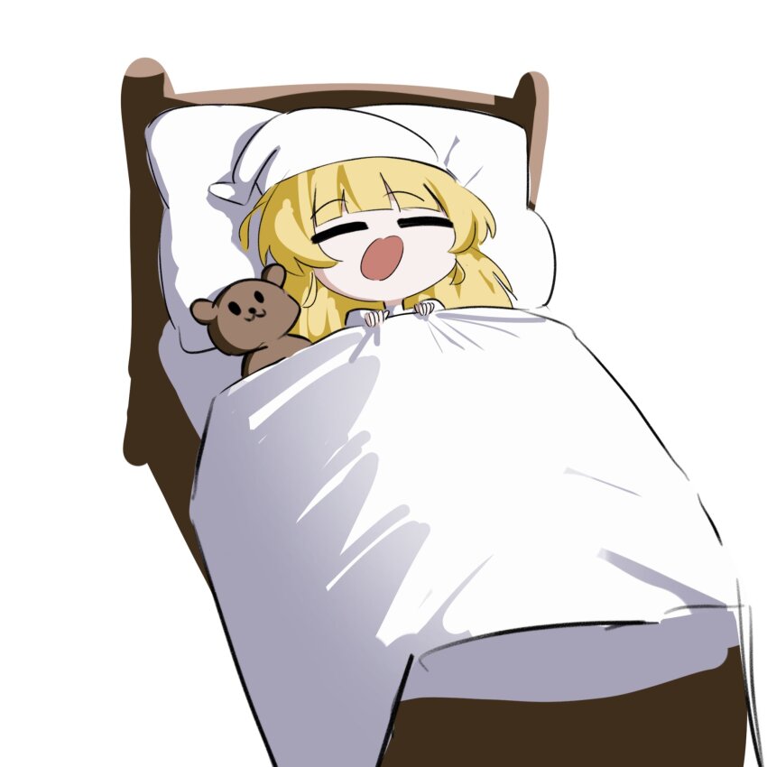 1girl bed chibi chibi_only closed_eyes commentary cryne english_commentary highres phoebe_(wuthering_waves) pillow simple_background solo stuffed_animal stuffed_toy teddy_bear under_covers white_background wuthering_waves yawning