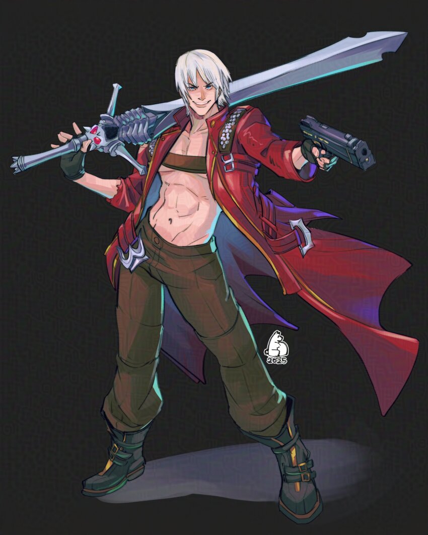 1boy absurdres asymmetrical_dual_wielding black_background black_boots black_gloves blue_eyes boots brown_pants coat dante_(devil_may_cry) devil_may_cry_(series) dual_wielding ebony_&amp;_ivory fingerless_gloves full_body gloves gun highres holding holding_gun holding_sword holding_weapon male_focus muscular muscular_male pants piccolourme rebellion_(sword) red_coat short_hair simple_background solo sword weapon white_hair