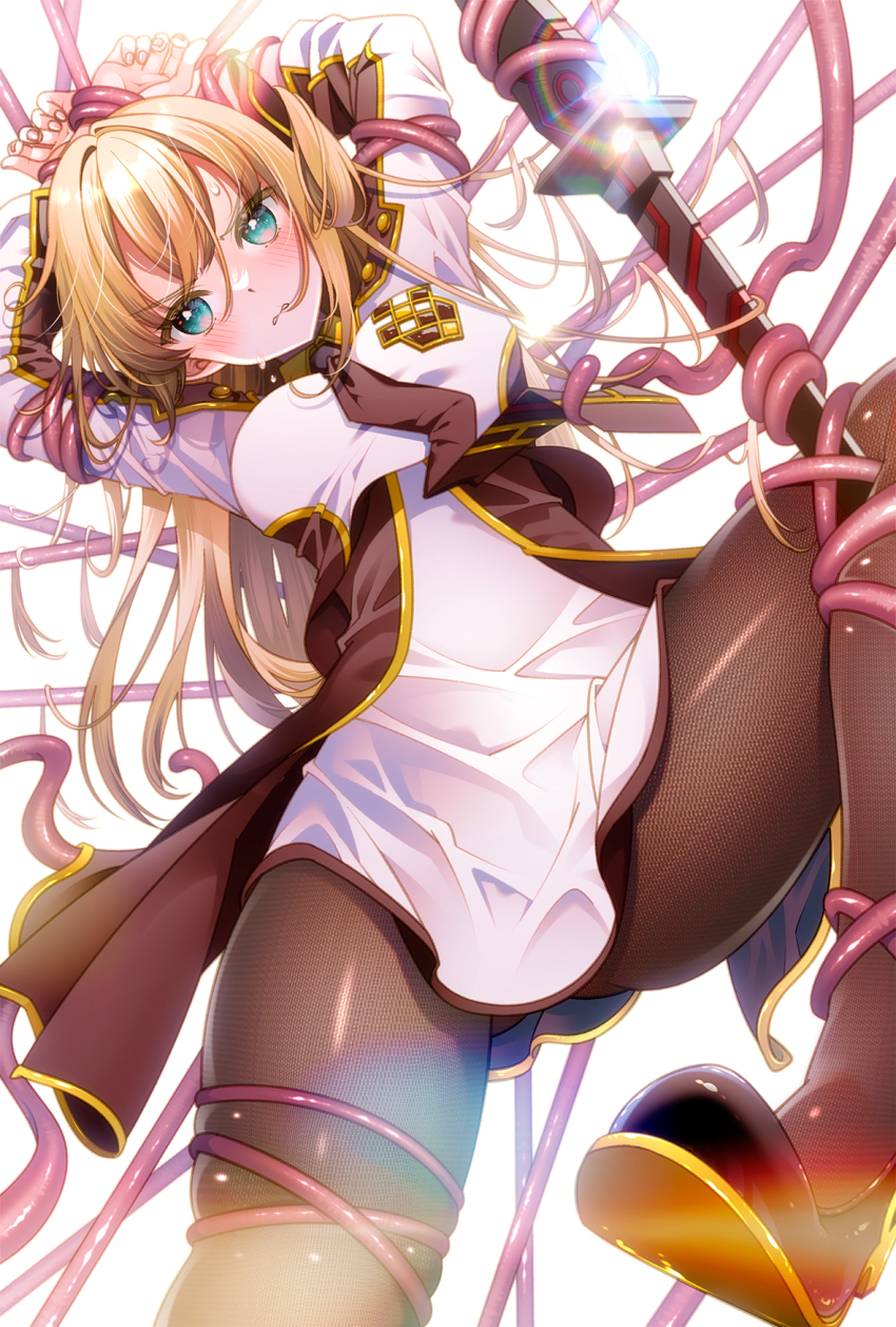 1girl bdsm blonde_hair blush bondage bound breasts closed_mouth dress foreshortening green_eyes hair_between_eyes highres lens_flare long_hair macarony necktie pantyhose skindentation sky_striker_ace_-_raye sword thighs two-tone_dress weapon white_background yu-gi-oh! yu-gi-oh!_master_duel