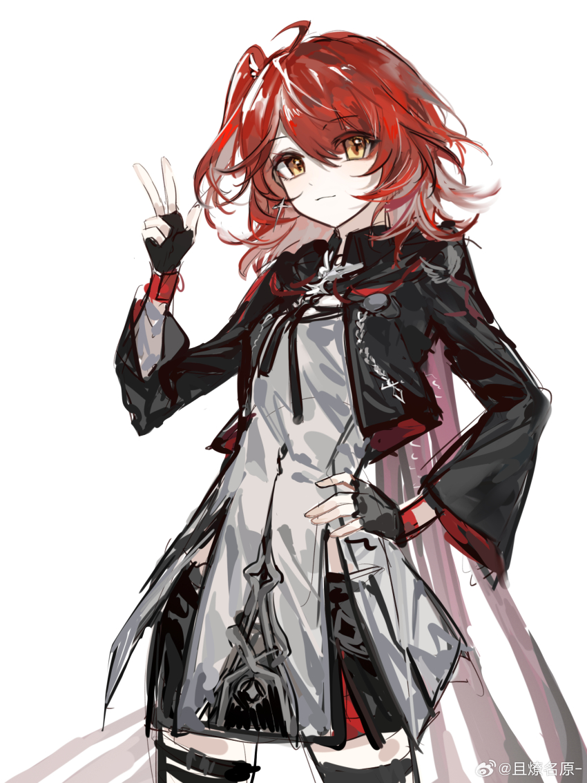 1girl absurdres ahoge arknights arm_up black_gloves black_jacket chinese_commentary closed_mouth commentary_request cowboy_shot crop_top cropped_jacket earrings exusiai_(arknights) exusiai_the_new_covenant_(arknights) eyes_visible_through_hair fingerless_gloves gloves grey_shirt hair_over_one_eye hand_on_own_hip highres jacket jewelry light_smile long_sleeves looking_at_viewer medium_hair qielmy red_hair shirt simple_background sketch solo standing w watermark weibo_watermark white_background yellow_eyes