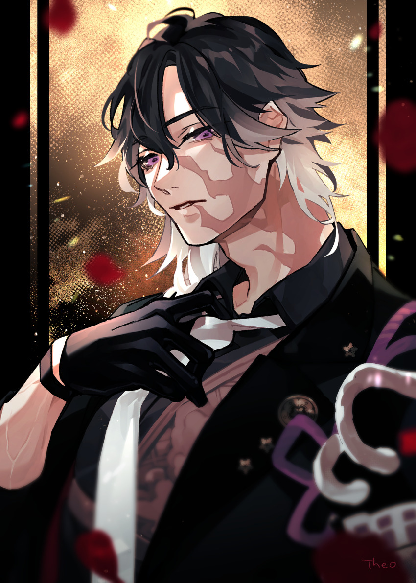 1boy absurdres adjusting_clothes adjusting_necktie armor artist_name black_border black_coat black_gloves black_hair black_shirt border burn_scar chest_guard coat collared_shirt facial_scar falling_petals gloves gradient_hair hair_between_eyes highres japanese_armor jikkyuu_mitsutada looking_at_viewer male_focus medium_hair multicolored_hair necktie open_clothes open_coat outside_border parted_lips petals purple_eyes scar scar_on_cheek scar_on_face scar_on_neck shirt shoulder_armor signature simple_background single_sode sode solo teo_(theodorus_a) touken_ranbu two-tone_hair upper_body white_hair white_necktie wing_collar yellow_background