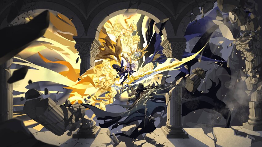 4boys 6+girls absurdres aglaea_(honkai:_star_rail) alternate_form anaxa_(honkai:_star_rail) architecture asymmetrical_wings bare_pectorals battle black_cloak black_shirt black_wings blonde_hair castorice_(honkai:_star_rail) cipher_(honkai:_star_rail) clawed_gauntlets cloak commentary cracked_skin dual_persona english_commentary flame_reaver_of_the_deepest_dark greco-roman_architecture hair_between_eyes halo halo_behind_head highres holding holding_sword holding_weapon honkai:_star_rail honkai_(series) hood hood_up hooded_cloak hyacine_(honkai:_star_rail) material_growth multiple_boys multiple_girls mydei_(honkai:_star_rail) pectorals phainon_(honkai:_star_rail) shirt short_hair silhouette sword torn_clothes torn_shirt trianne_(honkai:_star_rail) tribbie_(honkai:_star_rail) trinnon_(honkai:_star_rail) weapon wings yellow_blood yellow_eyes yellow_wings zephyere