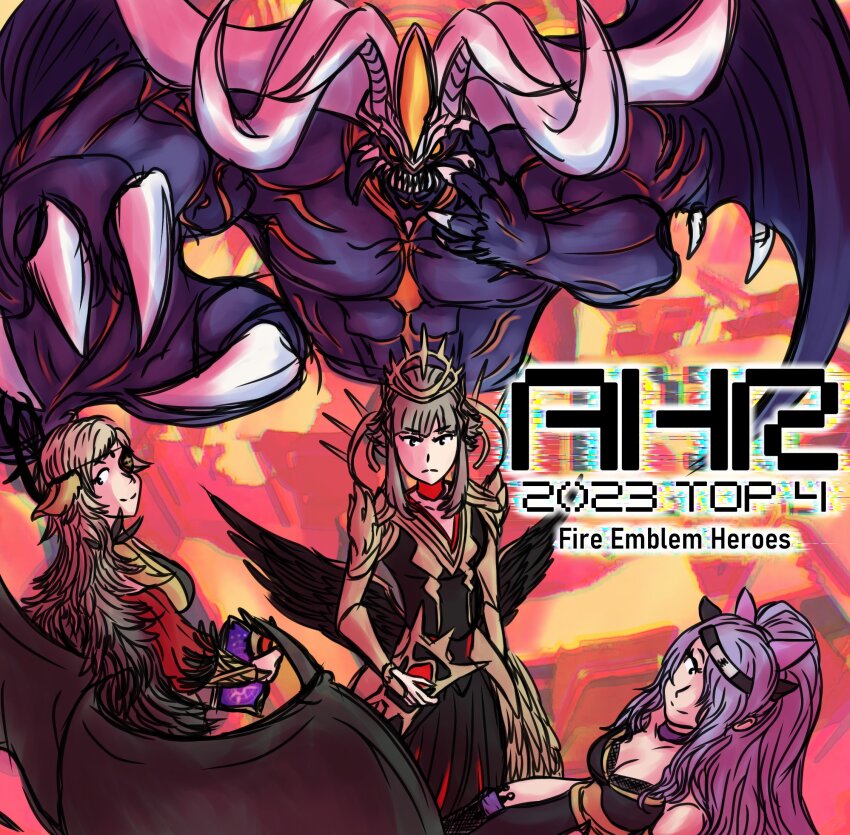 3girls blonde_hair breasts camilla_(fire_emblem) demon eyepatch fire_emblem fire_emblem_heroes fomortiis_(fire_emblem) grey_hair headband highres large_breasts long_hair looking_at_viewer multiple_girls nintendo official_alternate_hairstyle ophelia_(fire_emblem) parody persona persona_3 ponytail purple_hair short_hair sidelocks tagme veronica_(fire_emblem)