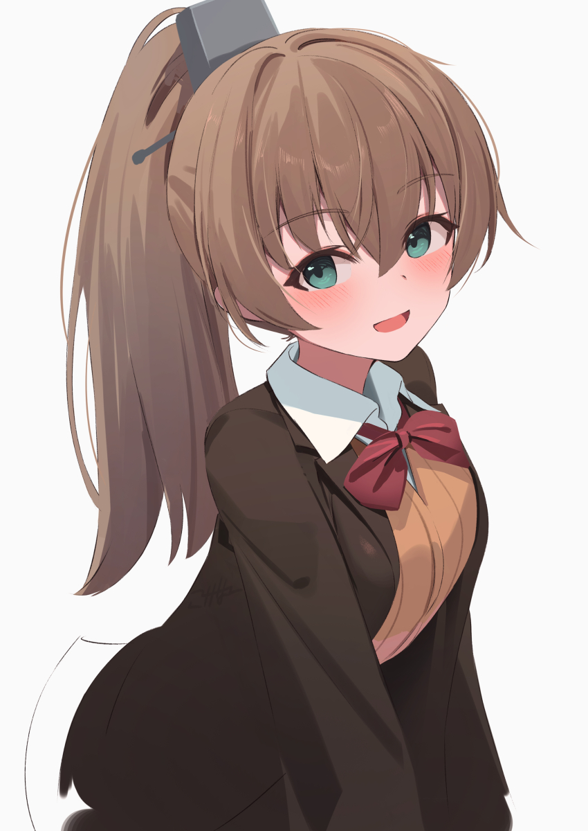 1girl absurdres blazer bow bowtie brown_cardigan brown_hair brown_jacket cardigan collared_shirt dress_shirt green_eyes highres jacket kantai_collection kokenashi kumano_(kancolle) kumano_kai_ni_(kancolle) long_hair ponytail red_bow red_bowtie shirt simple_background solo upper_body white_background white_shirt