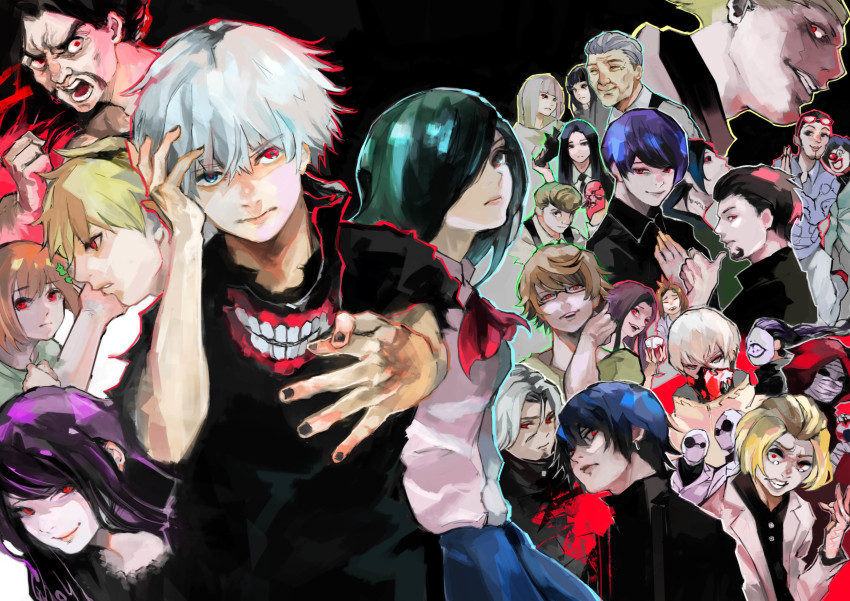 6+boys 6+girls absurdres angry banjou_kazuichi beard black_background black_hair black_nails black_necktie black_shirt blonde_hair blue_hair blue_skirt breasts brown_hair clenched_hand clown_mask collared_shirt eto_(tokyo_ghoul) everyone facial_hair foreshortening fueguchi_hinami furuta_nimura gagi_(tokyo_ghoul) glasses goatee grey_hair grey_jacket grey_shirt grin guge_(tokyo_ghoul) hair_between_eyes hand_up highres hoito_roma irimi_kaya itori_(tokyo_ghoul) jacket kamishiro_matasaka kamishiro_rize kaneki_ken kirishima_ayato kirishima_touka koma_enji kyuuba_melo long_hair looking_at_viewer mask mask_around_neck medium_breasts mouth_mask multiple_boys multiple_girls nagachika_hideyoshi nail_polish naki_(tokyo_ghoul) neck_tattoo neckerchief necktie nico_(tokyo_ghoul) nishio_nishiki noro_(tokyo_ghoul) official_style omori_yakumo open_clothes open_jacket open_mouth parted_bangs pleated_skirt purple_hair red_eyes red_neckerchief shirt short_hair skirt smile tatara_(tokyo_ghoul) tattoo teeth teeth_print tokyo_ghoul torn_clothes torn_shirt tsukiyama_shuu uta_(tokyo_ghoul) waiter waitress yasuhisa_kurona yasuhisa_nashiro yomo_renji yoshimura_(tokyo_ghoul)