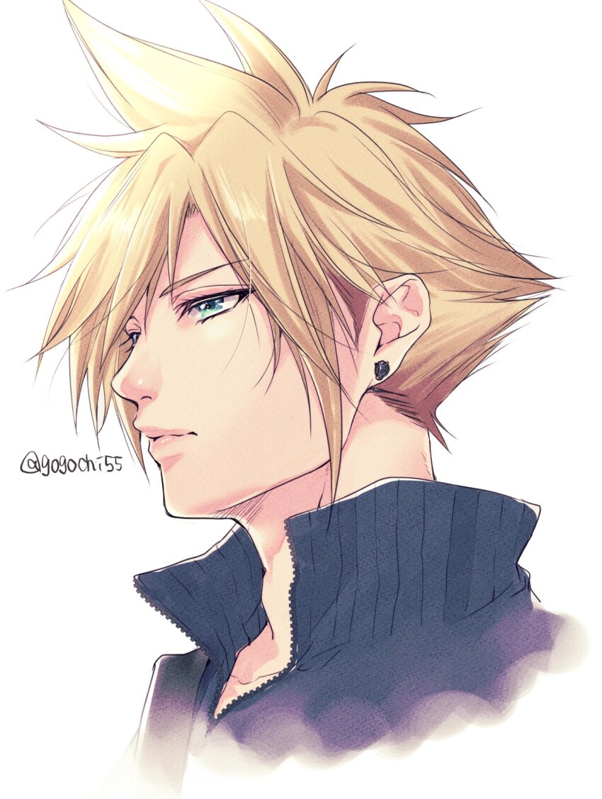 1boy blonde_hair blue_eyes blue_shirt closed_mouth cloud_strife commentary_request earrings fenrir_(final_fantasy) final_fantasy final_fantasy_vii final_fantasy_vii:_advent_children gogochi55 highres jewelry male_focus popped_collar portrait ribbed_sweater shirt short_hair simple_background solo spiked_hair stud_earrings sweater twitter_username upper_body white_background zipper