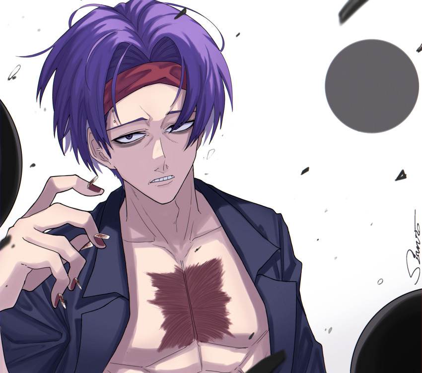 1boy abs artist_name black_eyes black_jacket burn_scar fingernails headband highres jacket looking_at_viewer male_focus nico_vorgeil piercing purple_hair red_headband scar shishiruto solo toned toned_male undead_unluck white_background