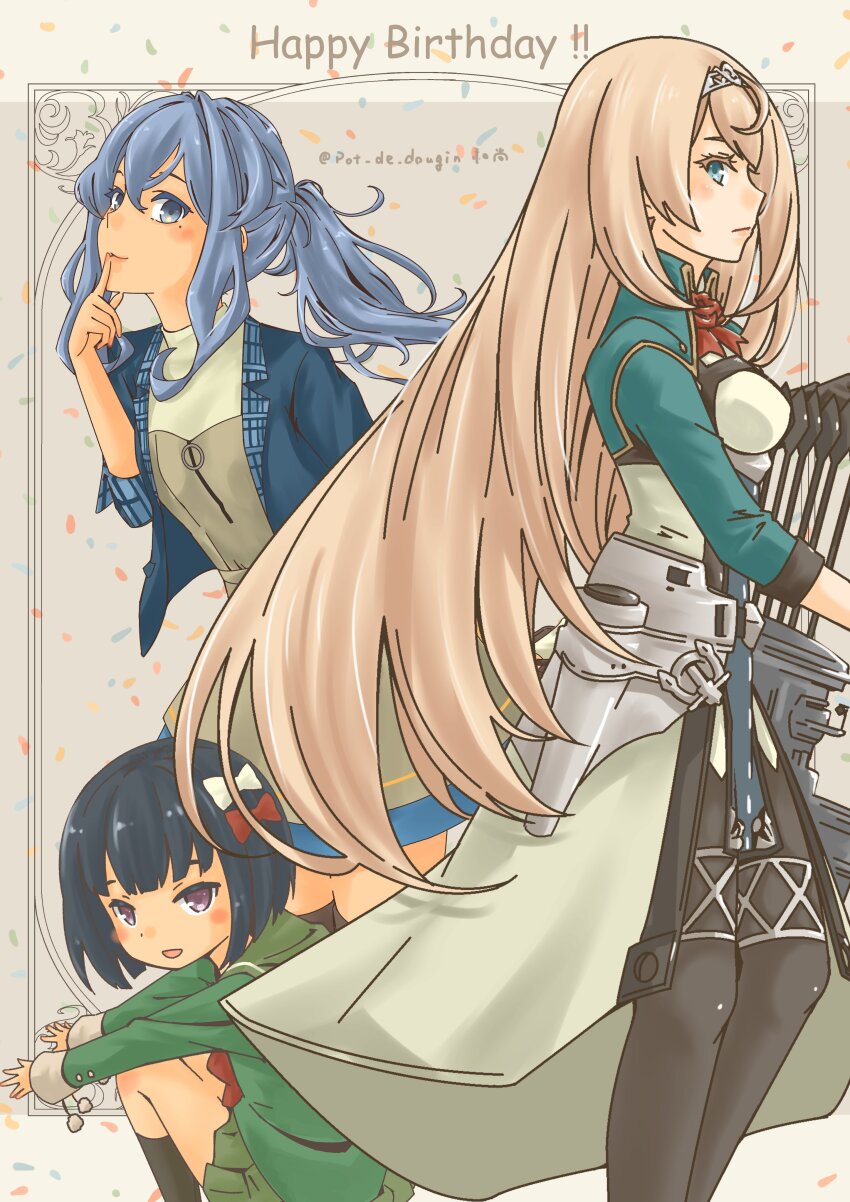 3girls absurdres arrow_(projectile) birthday_connection black_hair black_socks blonde_hair blue_eyes blue_hair blue_jacket bow cropped_jacket flower gotland_(kancolle) green_jacket green_sailor_collar green_skirt happy_birthday highres ishigaki_(kancolle) jacket kantai_collection long_hair military_uniform mole mole_under_eye multiple_girls official_alternate_costume overskirt ponytail pot-de purple_eyes quiver red_bow red_flower red_rose rose sailor_collar short_hair sidelocks skirt socks tiara trait_connection victorious_(kancolle) white_bow
