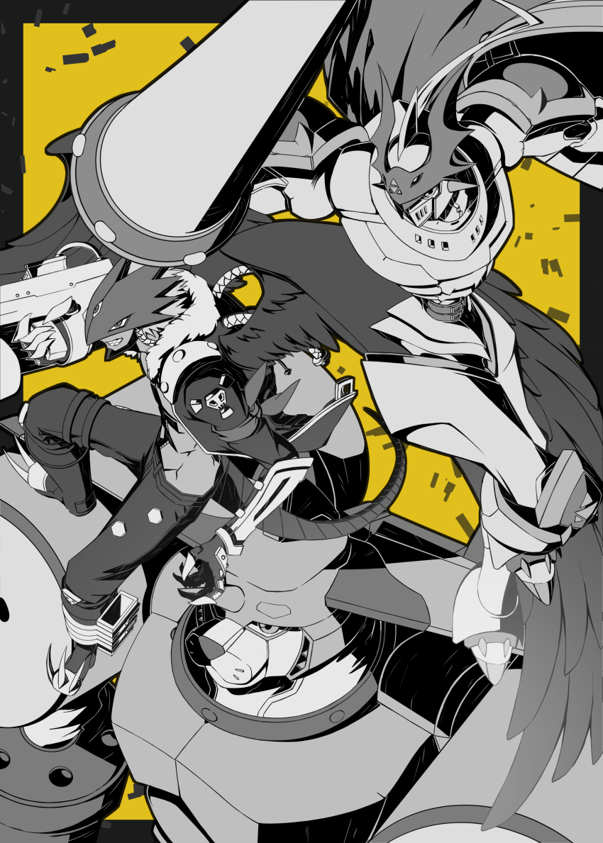 3boys absurdres armor bandana_around_arm beelzebumon beelzebumon_blast_mode black_border border cropped_jacket demon_boy digimon digimon_(creature) digimon_tamers dukemon eye_mask feathered_wings greyscale_with_colored_background group_picture highres holding holding_cannon holding_polearm holding_weapon jiyuuya knight lance male_focus mecha multiple_boys polearm robot saintgalgomon short_hair simple_background third_eye weapon wings yellow_background