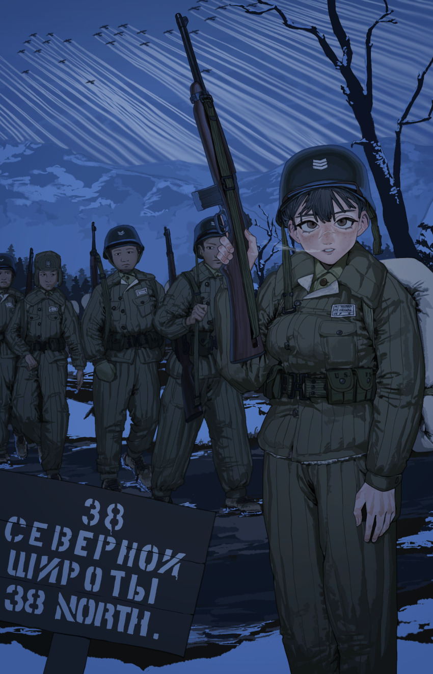 1girl 4boys aircraft airplane ammunition_pouch black_hair breath combat_helmet gloves green_gloves green_hat green_jacket green_pants green_shirt grey_eyes gun gun_sling hat helmet highres holding holding_gun holding_weapon jacket korean_war m1_carbine m1_garand m1_helmet military military_combat_uniform military_uniform mountainous_horizon multiple_boys name_tag north_korea original pants pouch pzkpfwi republic_of_korea_army rifle russian_text shirt snow south_korea weapon
