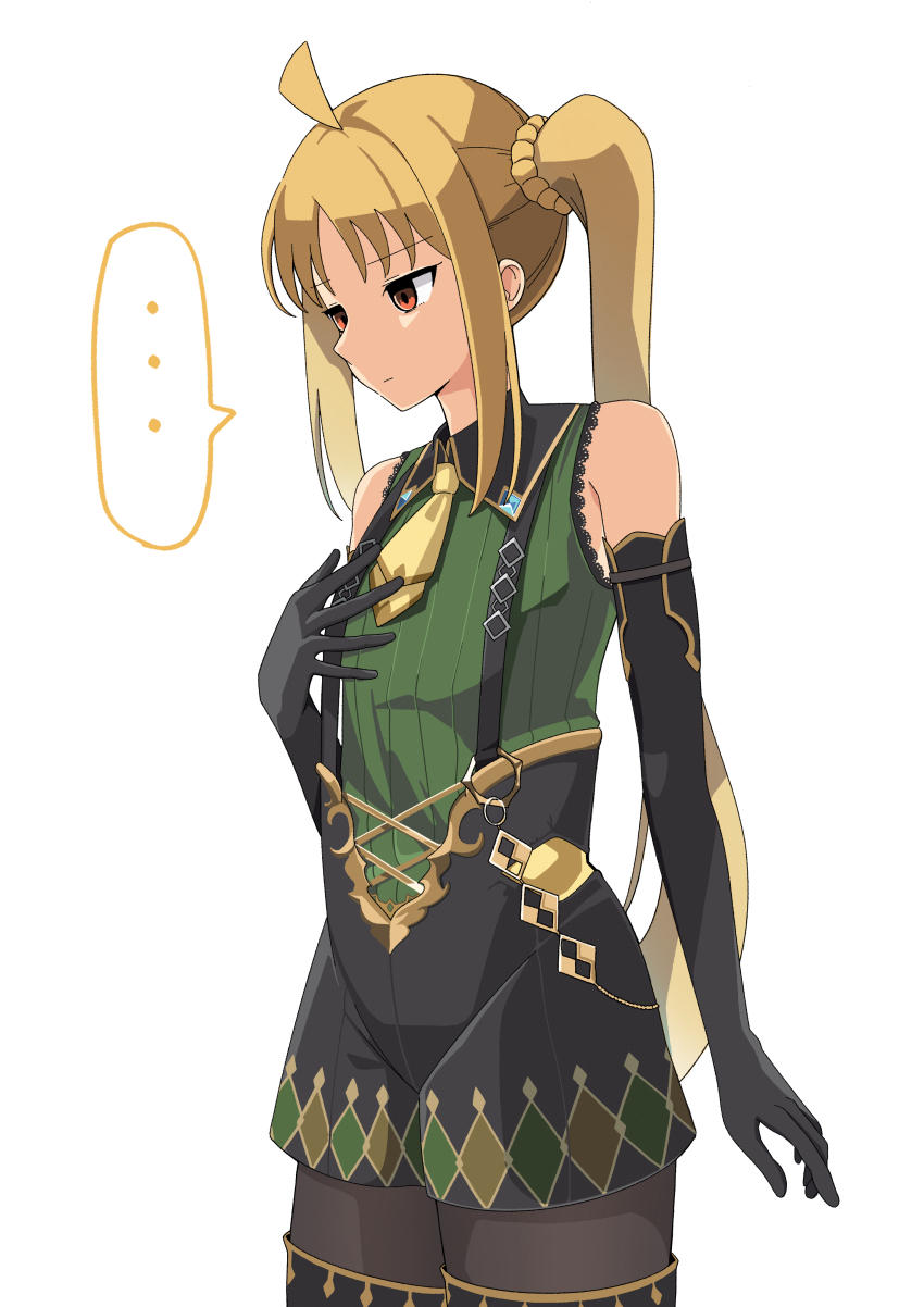 ... 1girl absurdres ahoge bare_shoulders black_gloves blonde_hair blue_gemstone bocchi_the_rock! commentary_request cosplay elbow_gloves empty_eyes flat_chest flat_chest_joke gem gloves gokiburi_(hosan_dango) grey_pantyhose highres ijichi_nijika long_hair necktie pantyhose red_eyes satono_crown_(umamusume) satono_crown_(umamusume)_(cosplay) short_necktie side_ponytail sidelocks simple_background sleeveless solo speech_bubble spoken_ellipsis suspenders suzushiro_sayumi umamusume very_long_hair voice_actor_connection white_background yellow_necktie