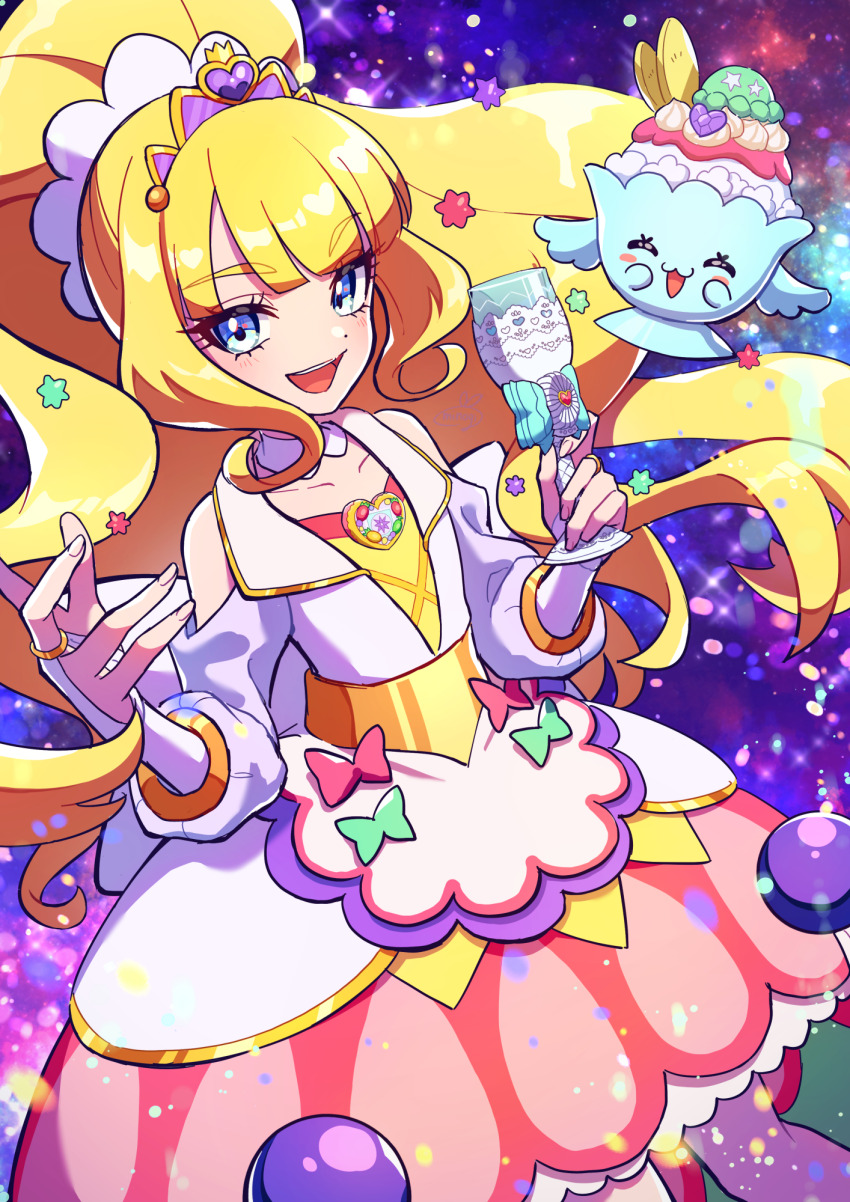 1girl :d apron back_bow blonde_hair blue_eyes bow bridal_gauntlets brooch candy cowboy_shot cup cure_finale delicious_party_precure dot_nose food food-themed_hair_ornament green_bow hair_ornament heart heart_brooch highres holding holding_cup jewelry kasai_amane konpeitou large_bow long_hair looking_at_viewer magical_girl minogi1029 open_mouth parfait_recipipi party_glass pink_bow pink_skirt precure purple_background recipipi skirt smile standing tiara white_apron white_bow white_bridal_gauntlets